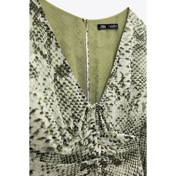 NWOT Zara Animal Print Draped Ruched Flounce Hem Tied V Neck Mini Dress, Small - Picture 10 of 16